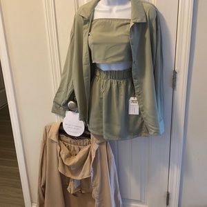 2 sets of 3pc better together tube top, shirt, and shorts, set green khaki M/L
